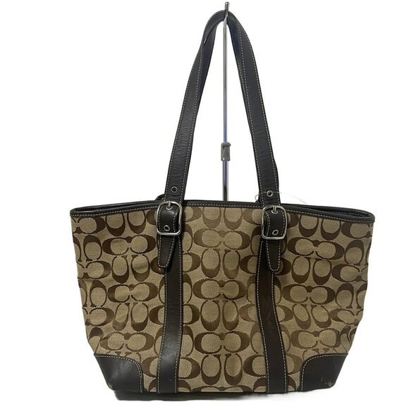 Auth COACH Signature Market Tote 6042 Khaki Dark Brown Jacquard Leather - Picture 2 of 12